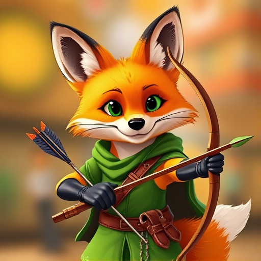 Create a vibrant cartoon-style image of an orange fox dressed as an archer wearing a green outfit and holding a bow and arrow, captured with a DSLR camera at f/4 aperture, ISO 200, 50mm lens, 1/200 sec shutter speed, shot in bright daylight to enhance colors and details.