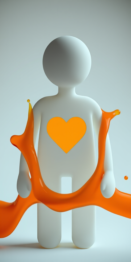 Create an image of a minimalist character with a heart-shaped cutout in the chest, surrounded by a flowing orange liquid, using a DSLR camera, f/2.8 aperture, 50mm lens, natural lighting, and a shallow depth of field to enhance clarity and contrast.