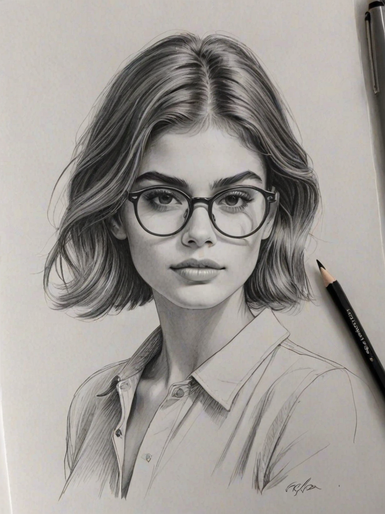 Bewitching Kaia Gerber, pencil sketch, portrait of Appealing woman 1964s in glasses, hair style beatnik, outline, clear lines, fine lines, 8k