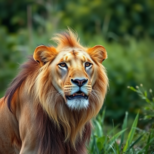 Regenerate the image of a lion in a lush green savannah setting with a Canon EOS 5D Mark IV camera, 50mm lens, aperture f/2.8, ISO 100, shutter speed 1/250 sec, natural lighting, and shallow depth of field for a focused and vibrant look.