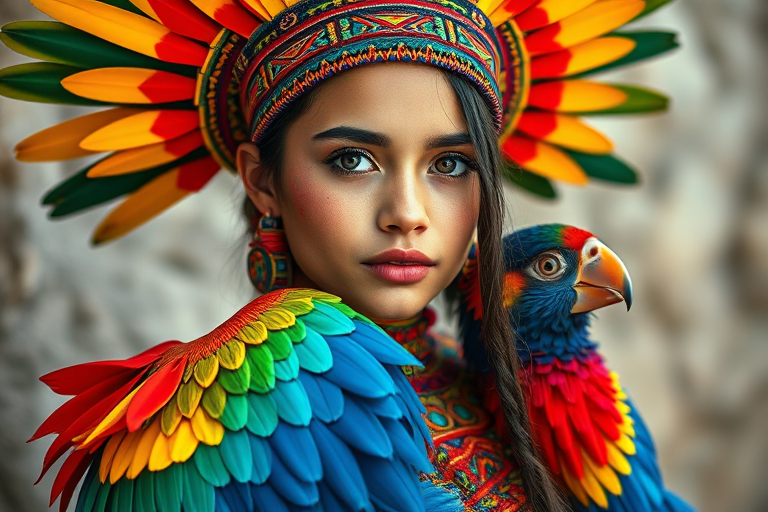 A beautiful Aztec girl, wearing colorful bird clothing with vibrant colors