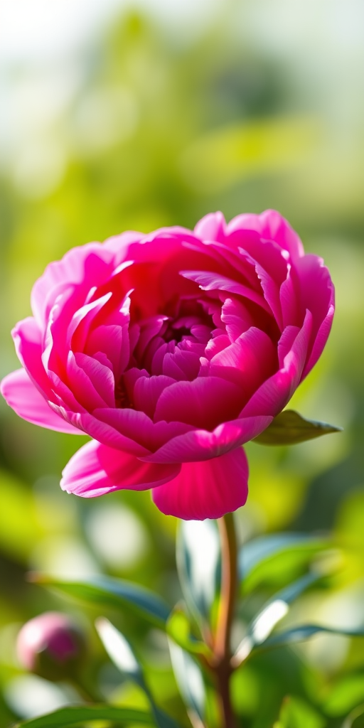 A vibrant pink peony flower in full bloom, captured with a Canon EOS 5D Mark IV, 50mm lens, aperture f/1.8, ISO 100, natural sunlight, shallow depth of field, focusing on the intricate petal details against a soft green background.