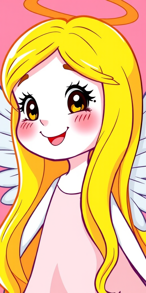 Create a vibrant cartoon illustration of a cheerful angel with long blonde hair and simple wings, camera settings: f/2.8, ISO 100, shutter speed 1/250s, camera view: close-up, camera style: vibrant colors, camera type: digital DSLR.
