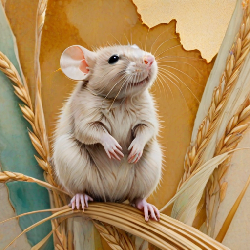 Soft, muted Alcohol Ink with ebru effect background image of tiny whimsical rat, who climbed high on the top of a golden rye ear.