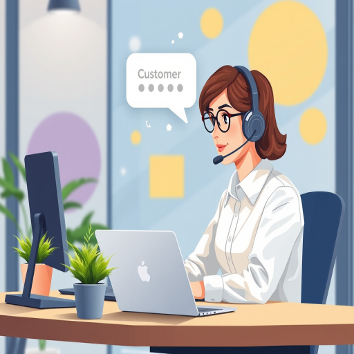 create a digital illustration of a customer service representative at a desk wearing a headset, engaging in conversation with a floating chat bubble, include a modern workspace setup with a laptop, plants, and abstract background shapes, use vibrant colors, focus on a clean and professional look, shot with a DSLR at f/2.8 for shallow depth of field, 35mm lens, ISO 100, natural lighting for a bright atmosphere