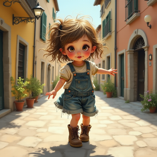 Whimsical little 3-year-old girl wearing scruffy tomboy clothes, boots, messy hair heavily blushed cheeks, pink lips, closely dancing in the street of an Italian village,Textured painterly fantasy artistic mixed media
