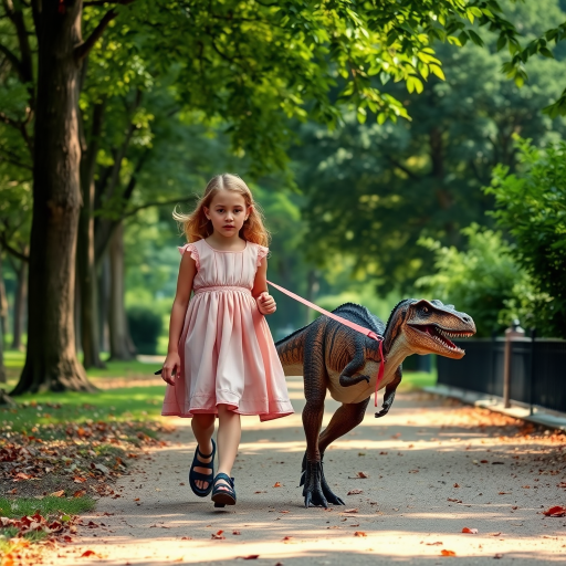 12 year old girl in a dress walking her pet Velociraptor on a leash through a park