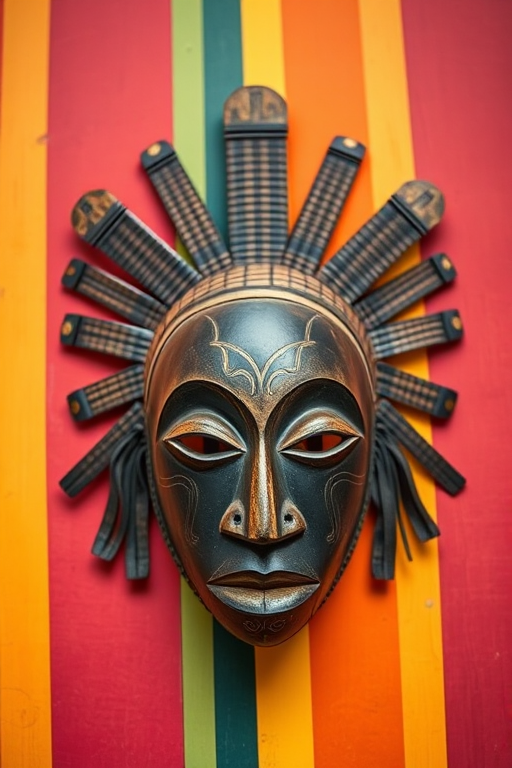 Generate an image of an artistic African mask displayed against a vibrant, multicolored backdrop with vertical stripes, using a DSLR camera, 50mm lens, aperture f/1.8, ISO 200, natural light, focus on the mask with a shallow depth of field.