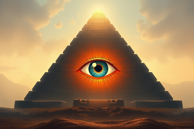 Create an illustration of the Eye of Providence within a pyramid, using a digital painting style, high-resolution settings, shot from a straight-on view with soft lighting to enhance depth and detail, camera type: digital SLR, settings: ISO 100, aperture f/8, shutter speed 1/125s.