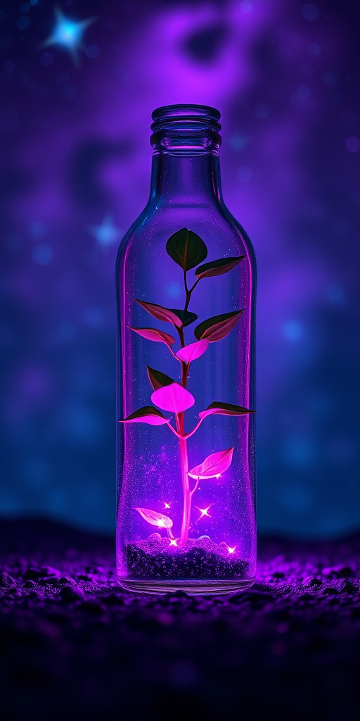 Create an image of a glass bottle containing a glowing plant in a cosmic landscape with vibrant purple and blue hues, with a shallow depth of field, f/1.8 aperture, 50mm lens, and a low-angle view to emphasize the plant and the surrounding stars.