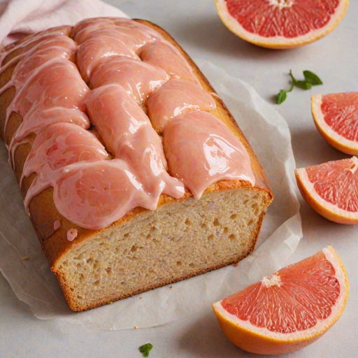 Create an image of a loaf of grapefruit glazed bread. The bread should be sliced, with some pieces laid out beside the whole loaf. The top should be drizzled with a light pink icing and adorned with vibrant grapefruit segments. The background should be simple and clean to highlight the bread.