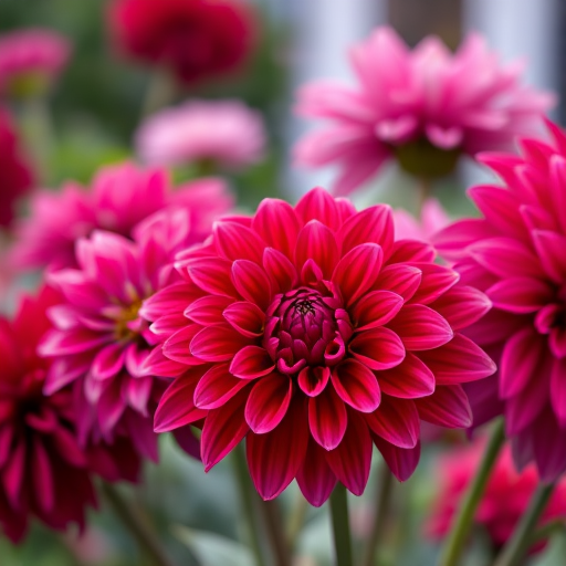 close-up shot of vibrant red and pink dahlias with a blurred background, f/2.8, 1/250s, ISO 100, 50mm lens, DSLR camera, natural light