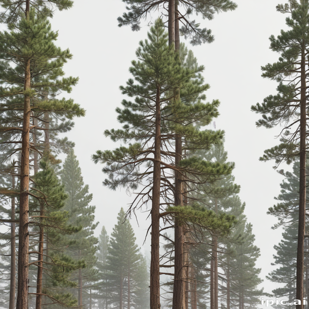 Misty Forest Landscape with Tall Pine Trees Surrounded by Fog