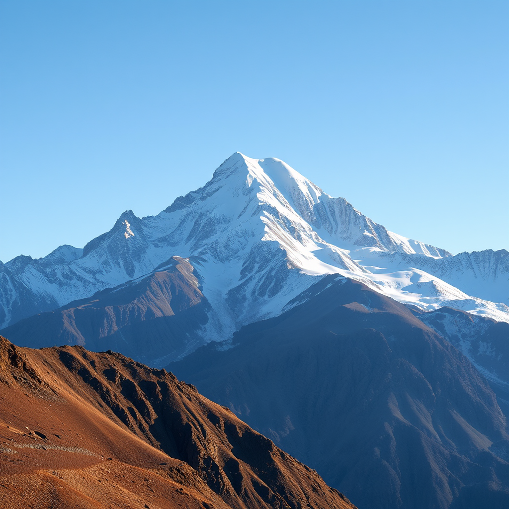 Generate a high-resolution image of a snow-capped mountain peak, captured with a Canon EOS R5 camera using a 24mm lens at f/8, ISO 100, with a sharp focus on the mountain and a wide-angle view to emphasize the surroundings in natural lighting.