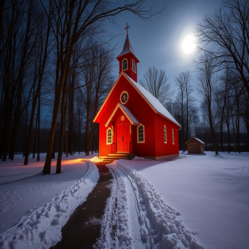 A cozy red church in a snowy landscape at twilight, surrounded by bare trees, moonlight illuminating the scene, path leading to the door, captured with a Canon EOS R5, 24mm lens, f/8, ISO 100, 1/60s, using a wide-angle perspective for depth and clarity.