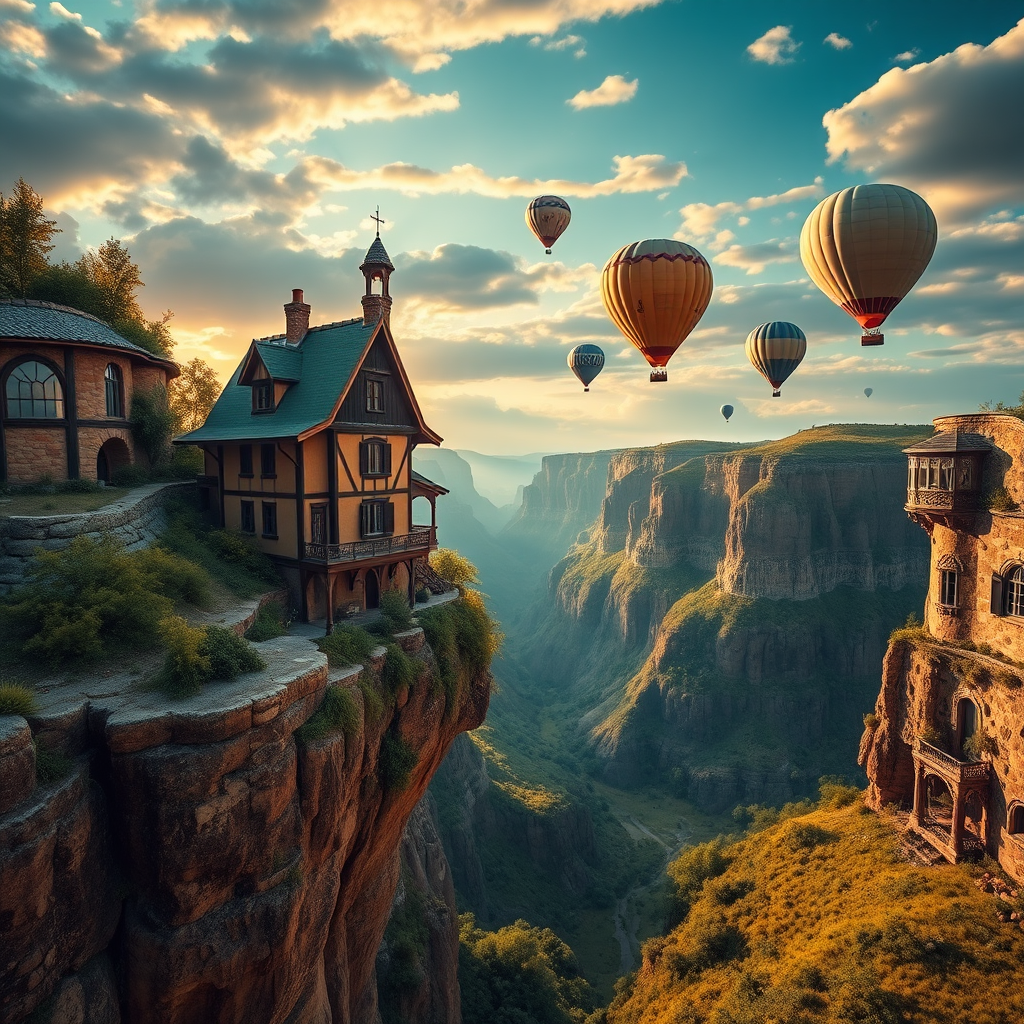 Create a high-resolution fantasy scene of a whimsical house perched on a cliff in a canyon, with hot air balloons in the sky, dramatic lighting, and lush greenery below, captured with a DSLR camera at f/8 aperture, ISO 100, using a wide-angle lens at 24mm, in a vibrant color palette.