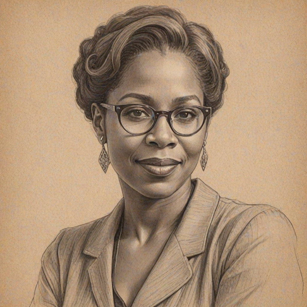 Splendid Iyanla Vanzant, pencil sketch, portrait of Exquisite woman 1923s in glasses, hair style beatnik, outline, clear lines, fine lines, 8k