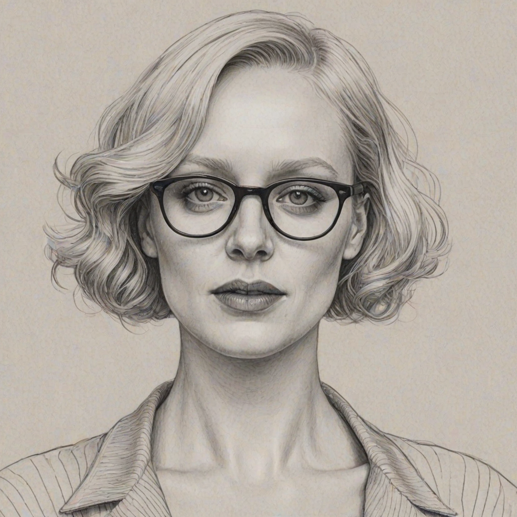 Fetching Gwendoline Christie, pencil sketch, portrait of Captivating woman 1923s in glasses, hair style beatnik, outline, clear lines, fine lines, 8k