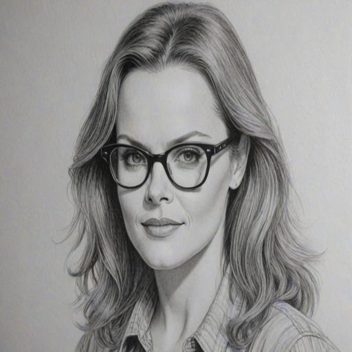 Delightful Belinda Carlisle, pencil sketch, portrait of Charming woman 1978s in glasses, hair style beatnik, outline, clear lines, fine lines, 8k