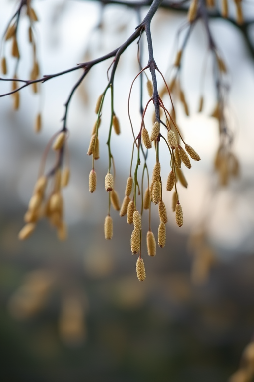 photograph of hanging catkins on trees in soft focus with bokeh background, shot with a Canon EOS R5, 50mm lens, aperture f/2.8, shutter speed 1/200s, ISO 100, natural light, macro style