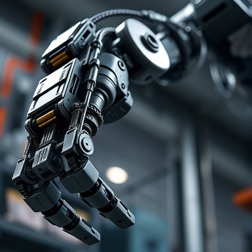 Create a highly detailed illustration of a robotic arm with intricate mechanical components, using a Canon EOS 5D Mark IV camera, f/8 aperture, 200mm lens, ISO 100, taken from a low-angle view to emphasize the height and complexity of the arm, utilizing a macro photography style to capture texture and precision.