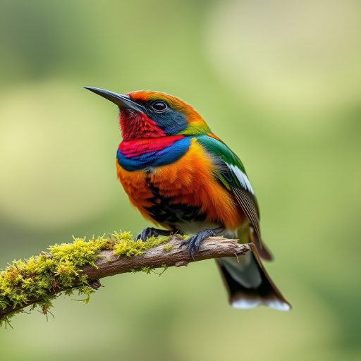 A close-up shot of a colorful bird perched on a moss-covered branch, with a shallow depth of field to create a blurred background, natural light, using a DSLR camera with a 70mm lens, aperture f/2.8, ISO 200, and shutter speed of 1/250 sec.