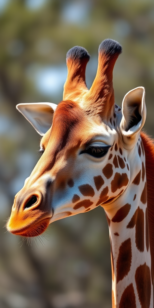 Giraffe close-up profile shot, natural light, shallow depth of field, ISO 200, f/2.8, 1/1000 sec, 85mm prime lens, DSLR camera, vibrant colors and sharp details.
