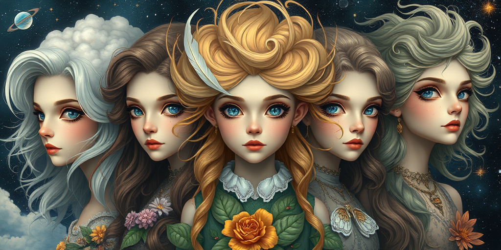 Create a series of imaginative portraits where each subject is infused with elements of fantasy and nature. The hair of the individuals should flow like clouds, varying from soft, fluffy cumulus to wispy cirrus strands, with hints of color reflecting a sunset or a clear blue sky. The eyes should be windows to entire galaxies, with stars, nebulae, and distant planets visible within them. Clothing should be adorned with nature motifs, such as floral patterns that bloom and change, vines that seem to grow and wrap around, or feathers that shimmer with iridescence. Each portrait should capture a unique personality, blending human features with the ethereal beauty of the natural and cosmic world. The backgrounds can vary, from starry night skies to enchanted forests, adding depth and context to the magical realism of the portraits