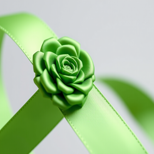 Create a high-resolution image of a green rosette ribbon with a smooth, glossy finish, photographed at a 45-degree angle using a DSLR camera with an f/2.8 aperture, ISO 100, and a shallow depth of field for a soft background blur.