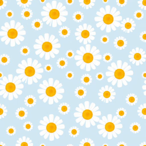 Create a seamless pattern featuring a light blue background filled with white daisies. Each daisy should have a bright yellow center and a simple, clean design. The flowers should be evenly spaced, creating a harmonious and cheerful floral pattern.