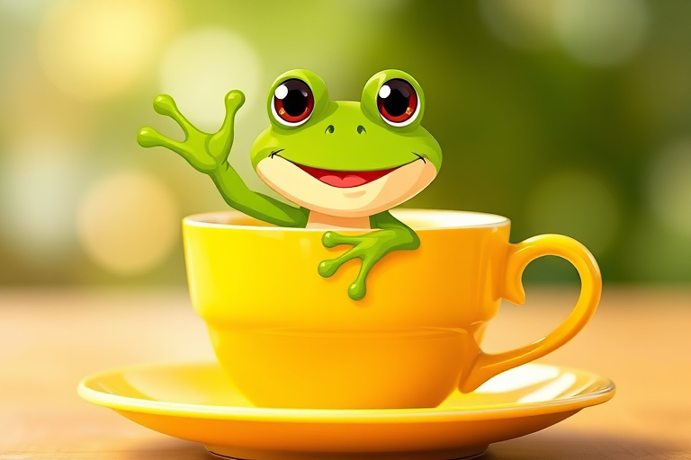 Create a vibrant cartoon-style illustration of a cheerful green frog waving from a bright yellow teacup, with a soft focus background, using a DSLR camera, 50mm lens, aperture f/2.8, ISO 200, and natural lighting for enhanced color saturation.