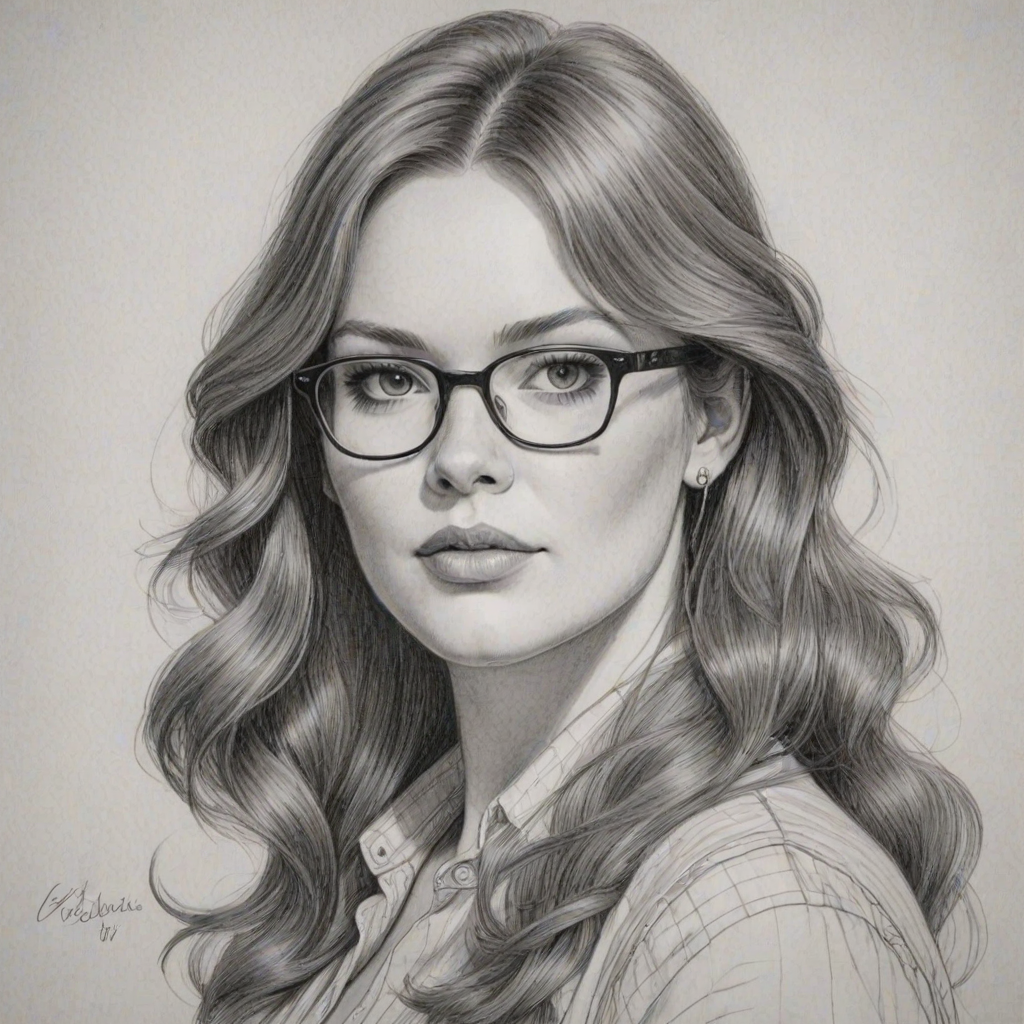 Resplendent Cassandra Clare, pencil sketch, portrait of Enchanting woman 1968s in glasses, hair style beatnik, outline, clear lines, fine lines, 8k