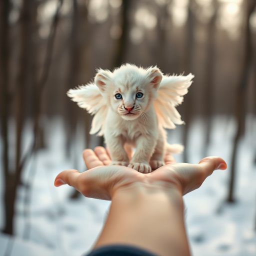 A small, white lion cub with angelic wings standing on a human hand. The cub has a soft, fluffy texture with detailed fur, expressive blue eyes, and a curious expression. The wings are large and feathery, blending seamlessly with its fur, giving an ethereal appearance. The background is a winter forest, with the ground covered in snow and blurred brown trees, creating a serene atmosphere. The human hand in the foreground is positioned palm-up, supporting the lion cub gently, fingers slightly curled. The lighting is soft and diffused, enhancing the tender and magical feel of the scene. Colors are predominantly neutral with white, cream, and soft browns, contrasting with the subtle blue of the lion cub's eyes. The overall composition is balanced, with the cub at the center, creating a focal point that draws the viewer's attention immediately.