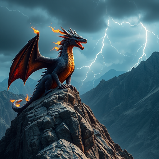 Create a realistic, high-definition image of a fierce dragon perched on a rocky mountain peak, breathing fire, with dramatic lightning striking the sky, using a DSLR camera with a 50mm lens, f/1.8 aperture, ISO 200, 1/1000 sec shutter speed for clarity and depth.