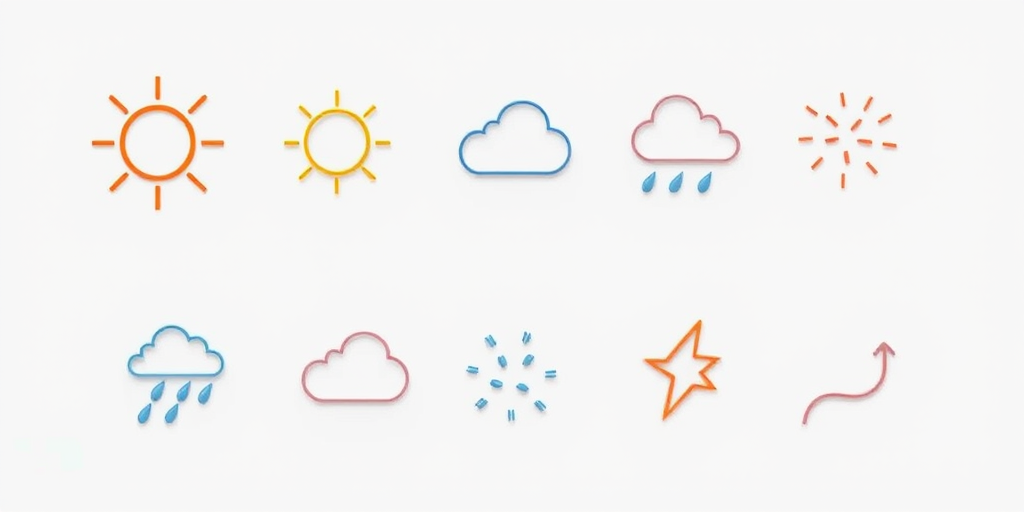 Create a minimalist design featuring various weather icons such as sun, clouds, rain, snow, and wind, using a soft color palette with a white background, captured with a Canon EOS R5 at f/8, ISO 100, 50mm lens in a flat lay style for clarity and detail.