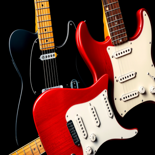 Create a highly detailed illustration of an electric guitar pair: one Telecaster with a black body and natural wood neck, and one Stratocaster in a deep red color with a white pickguard, using a 50mm lens, f/1.8 aperture, and soft lighting setup to enhance the colors and textures of the guitars.