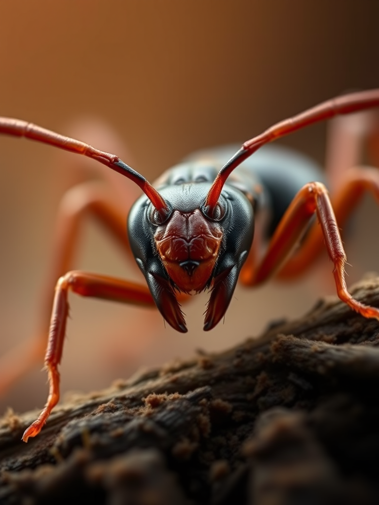Create a highly detailed digital illustration of a realistic ant, macro view, using a DSLR camera at f/2.8 aperture, 100mm lens, with soft natural lighting to enhance texture and color depth.