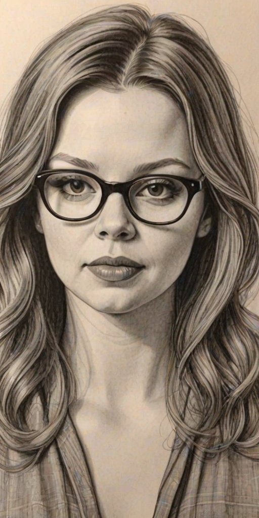 Ravishing Amber Tamblyn, pencil sketch, portrait of Bewitching woman 1928s in glasses, hair style beatnik, outline, clear lines, fine lines, 8k