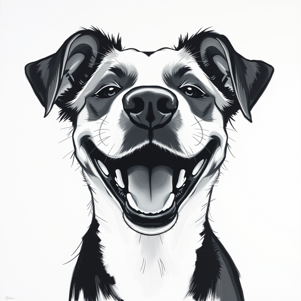 Abstract black and white acrylic portrait of an over exaggerated laughing (dog). Minimalism style. White background.