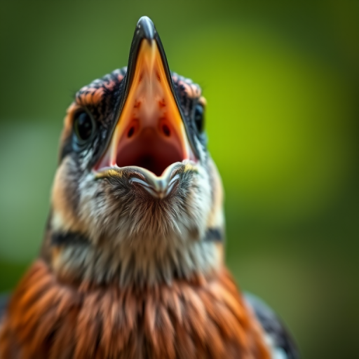 Close-up of a bird with its beak open, shallow depth of field, 85mm lens, f/1.8 aperture, ISO 200, natural light, Canon EOS R5, soft bokeh background.