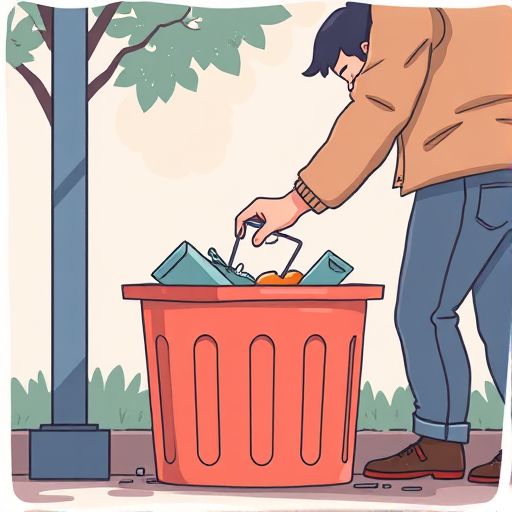 Create an illustration of a person disposing of trash in a garbage bin, using a high-resolution camera with a 50mm lens, aperture f/1.8, ISO 100, and a shallow depth of field, shot from a low angle to emphasize the action, in a vector art style.