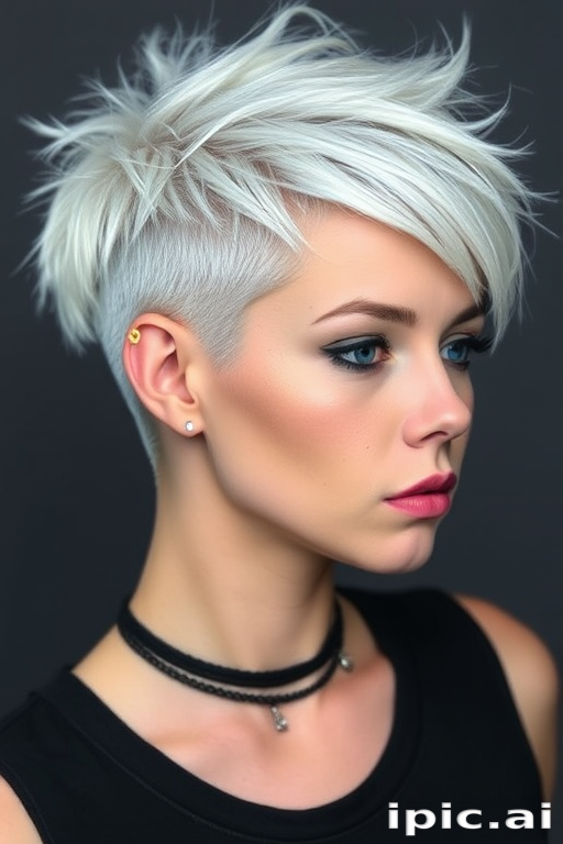 Striking platinum blonde pixie cut with edgy, asymmetrical layers and a buzzed undercut, accented by electric blue streaks for a bold and futuristic "Cyber Frost" appearance