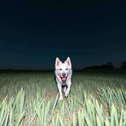 Generate a high-resolution image of a large white dog walking through a grassy field at night under a starry sky using a full-frame camera with an aperture of f/2.8, shutter speed of 1/250s, ISO 800, 35mm focal length, and a wide-angle lens to capture the landscape and enhance depth of field.