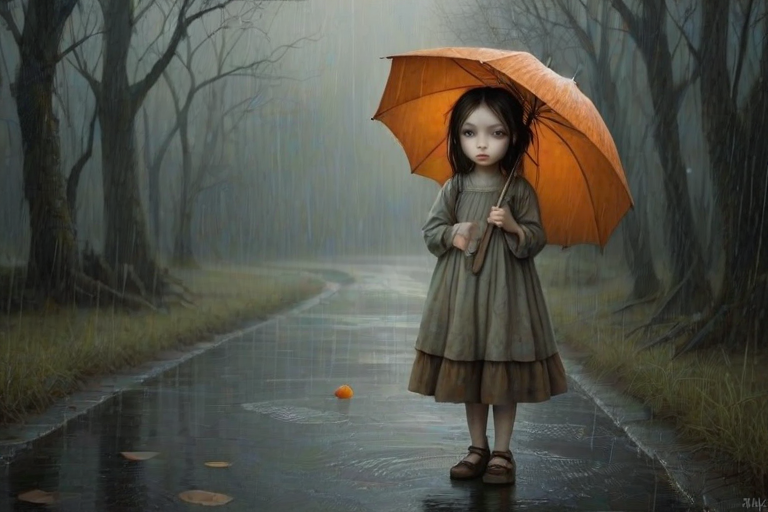 An eerie, weird little girl with dark hair in thin pigtails, wearing a smock dress, standing in the rain, holding a dirty orange umbrella, a small, odd creature beside her. In a surreal style inspired by Nicoletta Ceccoli and Brian Froud. Dark fantasy themes