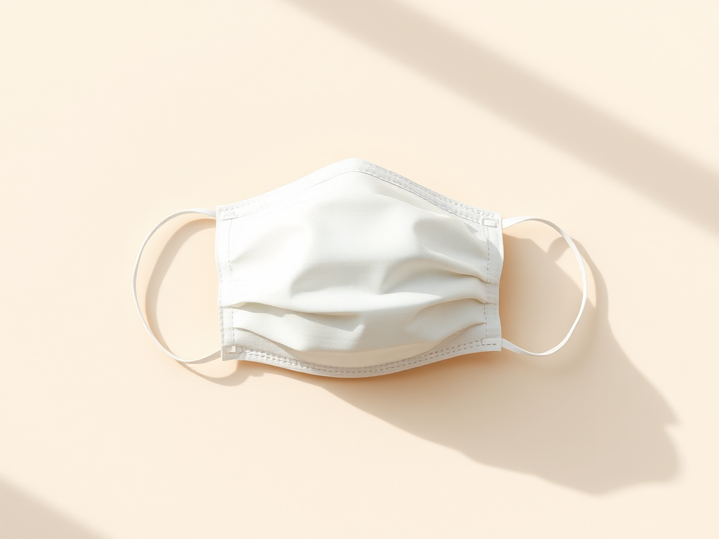 Generate a high-resolution vector illustration of a white face mask lying on a light beige background with soft shadows, use a 50mm lens at f/2.8, with a shallow depth of field in a digital camera style for enhanced clarity and detail.