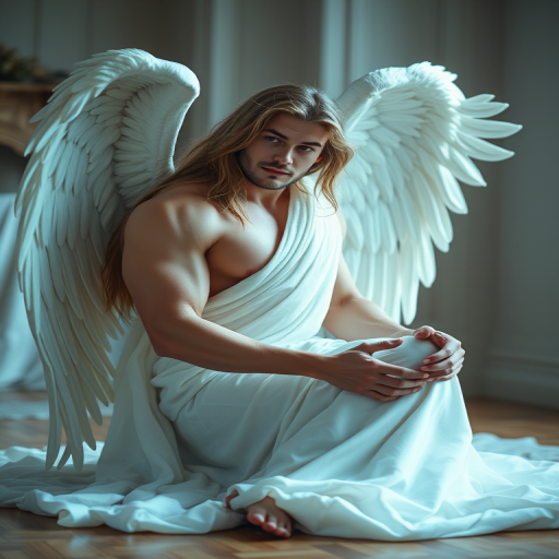 A muscular angel with long flowing hair sitting gracefully, draped in a white cloth, indoor setting, soft ethereal lighting, shot with a Canon EOS R5, 50mm lens, f/1.8, ISO 100, natural light with a cinematic depth of field.
