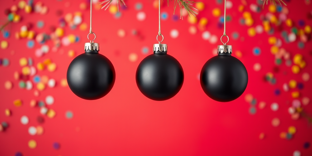 Create a festive image featuring three black Christmas ornaments hanging from the top of a vibrant red background decorated with colorful confetti, captured with a DSLR camera at f/2.8, 1/60 sec, ISO 100, centered composition, soft focus style.