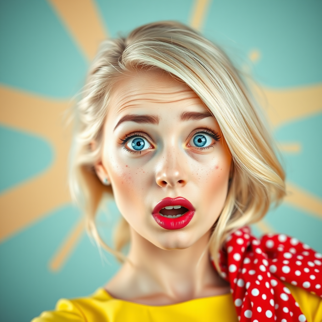 Create a vibrant pop art portrait of a surprised blonde woman with blue eyes and freckles, wearing a yellow dress with a red polka dot scarf, in a high-resolution style, using a DSLR camera with a 50mm lens, f/1.8 aperture, ISO 100, and soft diffused lighting for enhanced image quality.