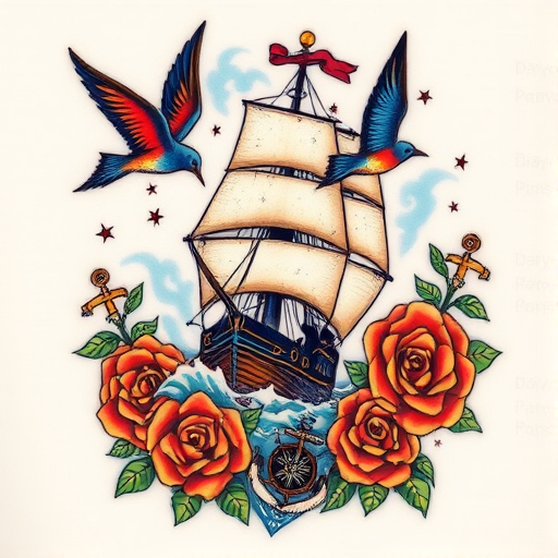 Neo-traditional tattoo named "Sailor's Lament" featuring a bold and colorful rendition of a nautical scene with a ship battling stormy seas, accented by vibrant swallow birds and classic roses, utilizing thick black outlines and a rich color palette of deep blues, bright reds, and warm yellows, incorporating traditional maritime symbols such as anchors and compasses to enhance the storytelling aspect of the design, ideal for those drawn to timeless tattoo styles with a modern twist