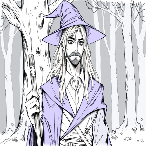 sketch, monochrome, greyscale, 1boy, solo, male focus, mature male, wizard, long hair, brown hair, black eyes, looking at viewer, hat, facial hair, beard, mustache, staff, wizard hat, purple hat, shirt, collared shirt, robe, purple robe, cloak, holding, holding staff, upper body, standing, outdoors, forest, nature, tree, fog, dark background